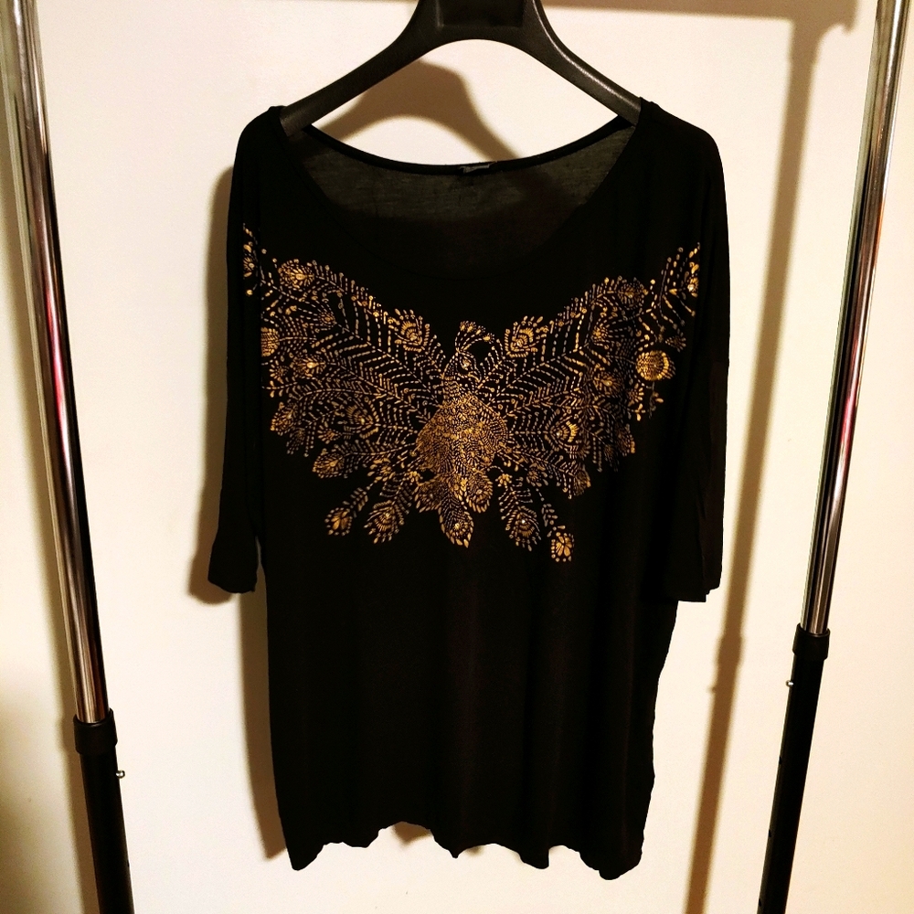 H&M Black Tunic with Gold Peacock and Rhinestones